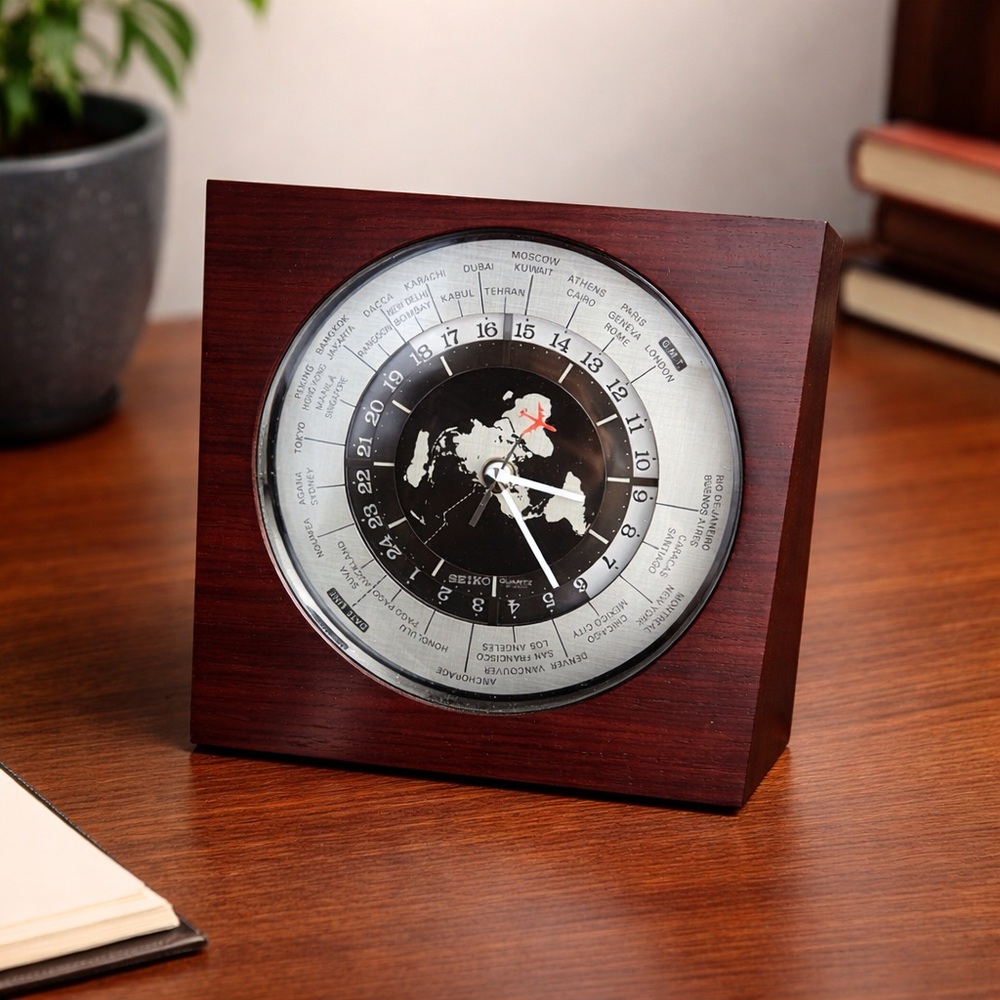 Seiko Vintage World Time Desk Clock Wood Quartz